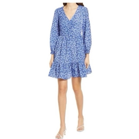 Eliza J Dresses & Skirts - Eliza J Surplice Neck Floral Long Sleeve‎ Fit And Flare Dress